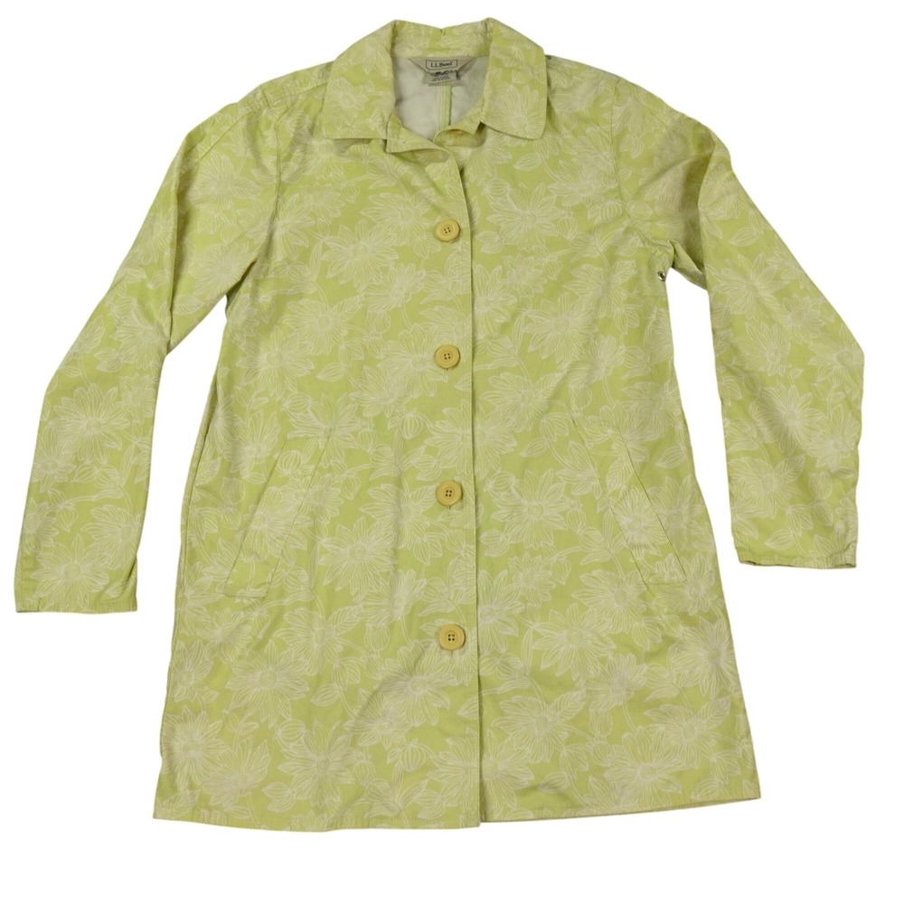 VTG LL Bean Floral Barn Trench Coat Women XS Lime Green All Weather Cotton OAPX8